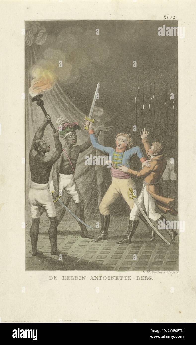 Due figure con spade in due uomini neri, Willem Hendrik Hoogkamer, 1820 stampa illustrazione del libro per: L'eroina Antoinette Berg, in: Museum of Extra Gewonen and Wondervollen,: Contenente i veri eventi della nostra epoca. Carta di Amsterdam che incide gli africani. torcia. armi di hacking e di thrusting: spada Foto Stock