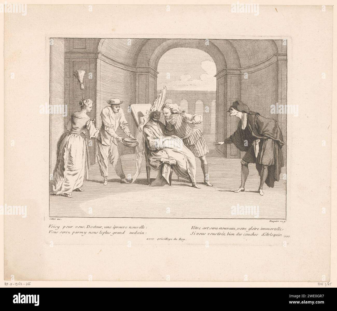 Harlequin vestita da donna seduta su una sedia, Gabriel Huquier, 1729 - 1732 stampa France paper etching 'art commedy'. Tipi in "Commedia dell'Arte": Harlequin Foto Stock