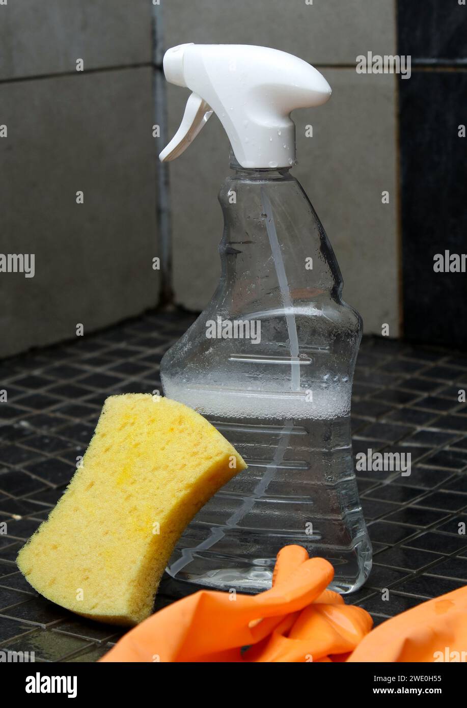 Attrezzature per la pulizia del bagno con flacone spray, guanti e spugna su pavimento piastrellato Foto Stock