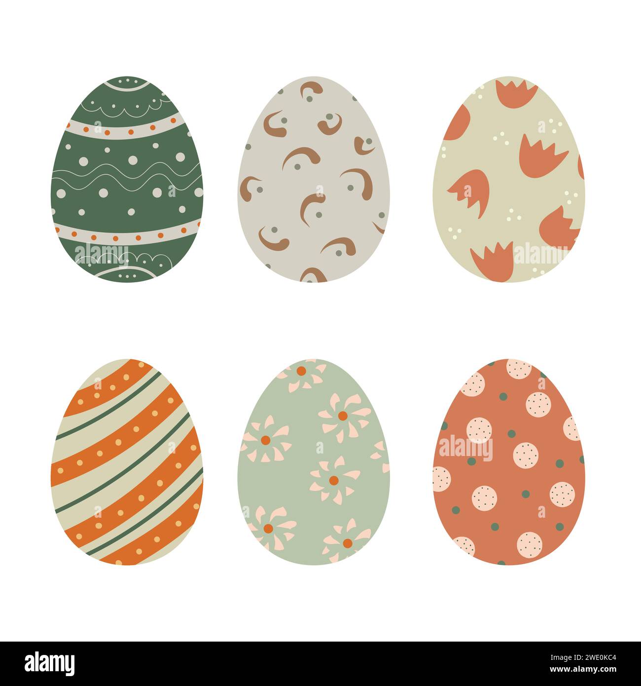 Set di graziose uova di Pasqua decorate isolate su sfondo bianco. Collezione di simboli di festività religiose ricoperte da diversi motivi - puntini Illustrazione Vettoriale