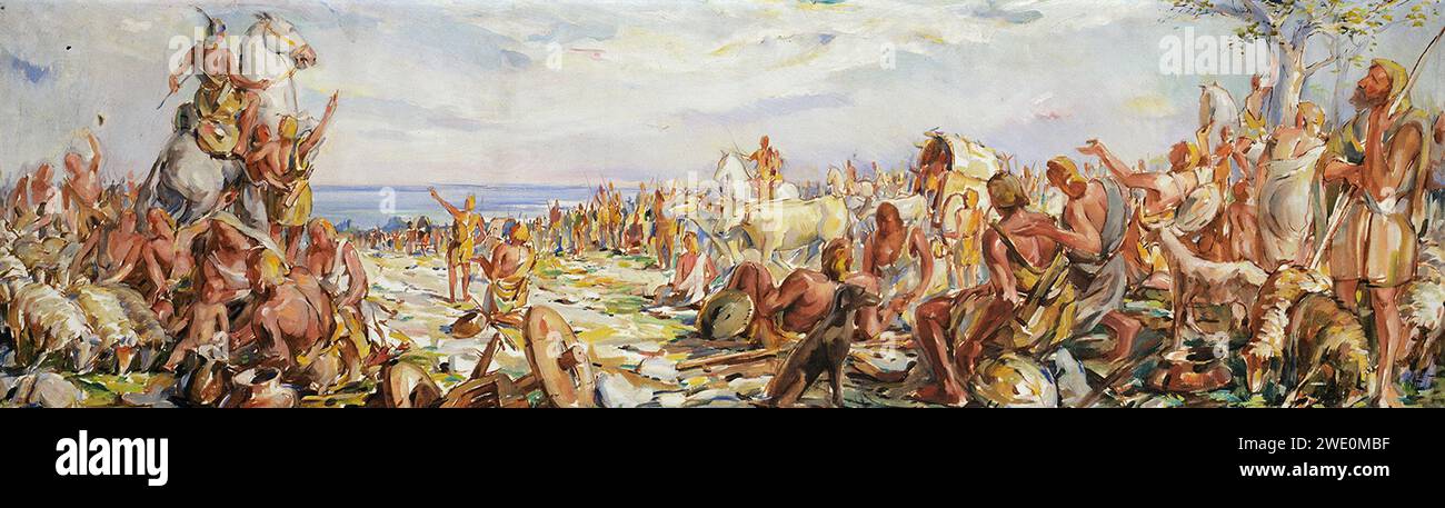 Albert Sirk - Prihod Slovencev na morje, osnutek. Foto Stock