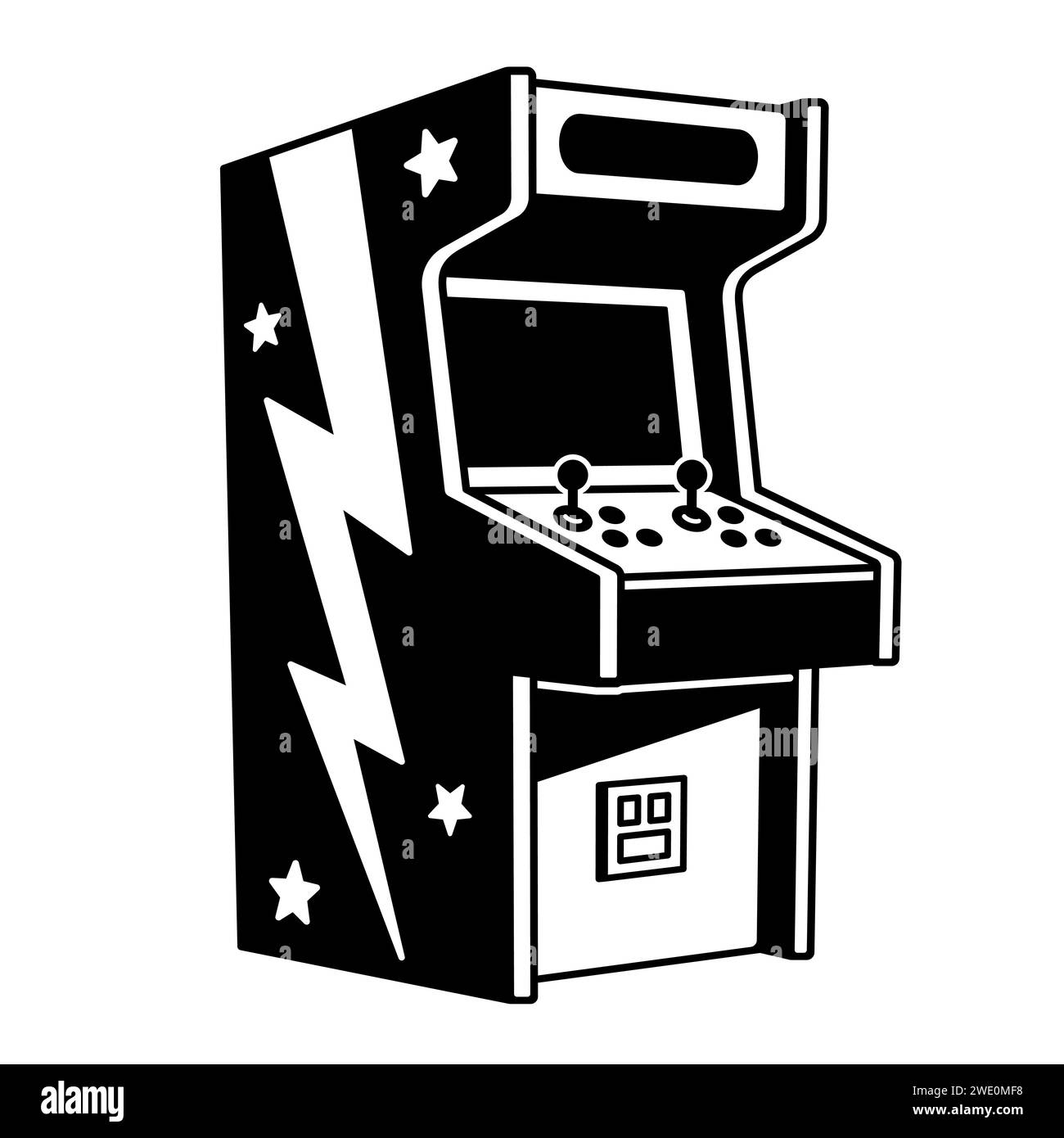 Macchina arcade classica per 2 giocatori, disegno dei cartoni animati in bianco e nero. Illustrazione vettoriale di videogiochi d'epoca. Illustrazione Vettoriale