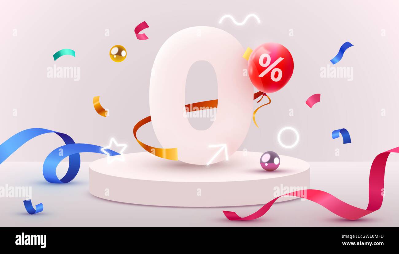 numero zero 3d con coriandoli colorati. Commissioni zero per cento. Illusione vettoriale Illustrazione Vettoriale