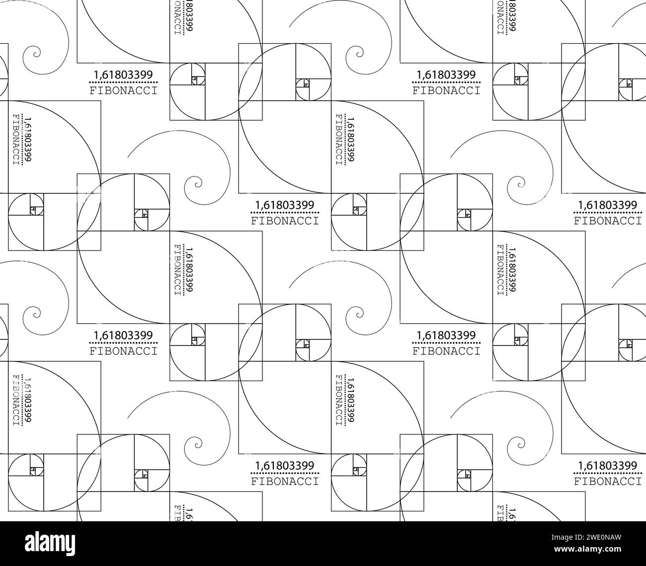 Modello senza cuciture delle spirali di sequenza Fibonacci. Golden ratio. Forme geometriche a spirale in proporzione dorata, design minimalista della carta da parati. Illustrazione Vettoriale