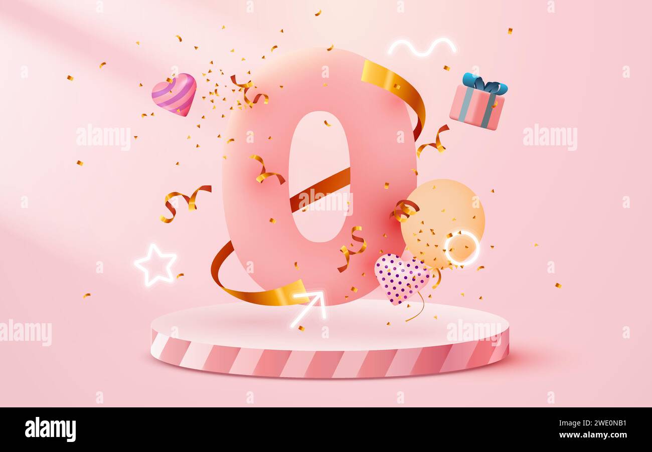 numero zero 3d con oggetti decorativi. Commissioni zero per cento. Illusione vettoriale Illustrazione Vettoriale