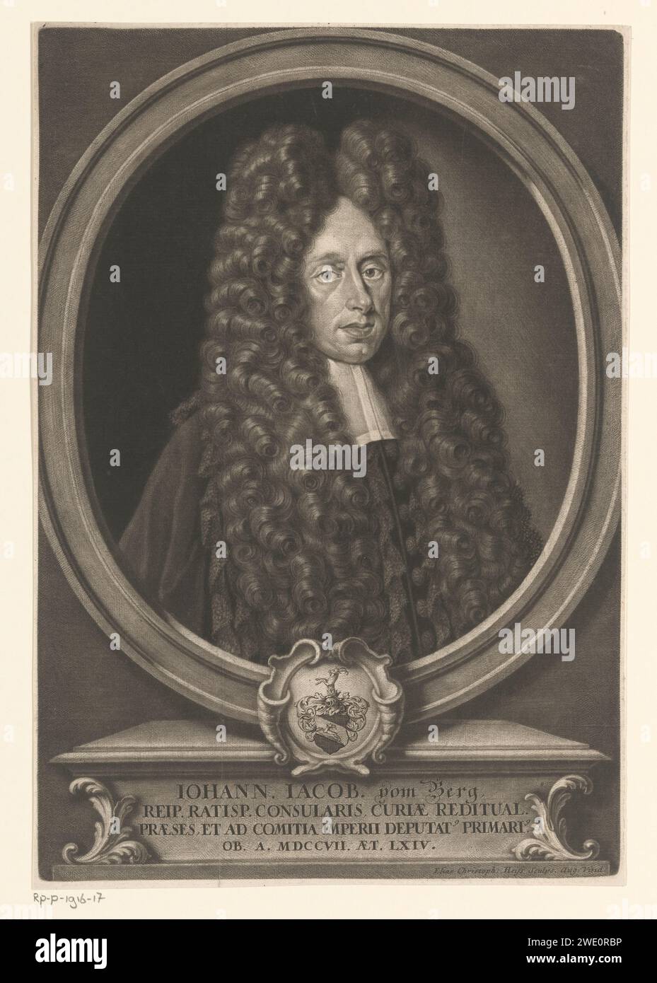 Ritratto di Johann Jacob Vom Berg all'età di 64 anni, Elias Christopf Heiss, 1707 - 1708 stampa Augsburg paper Historical Persons. cuscinetto araldico Foto Stock
