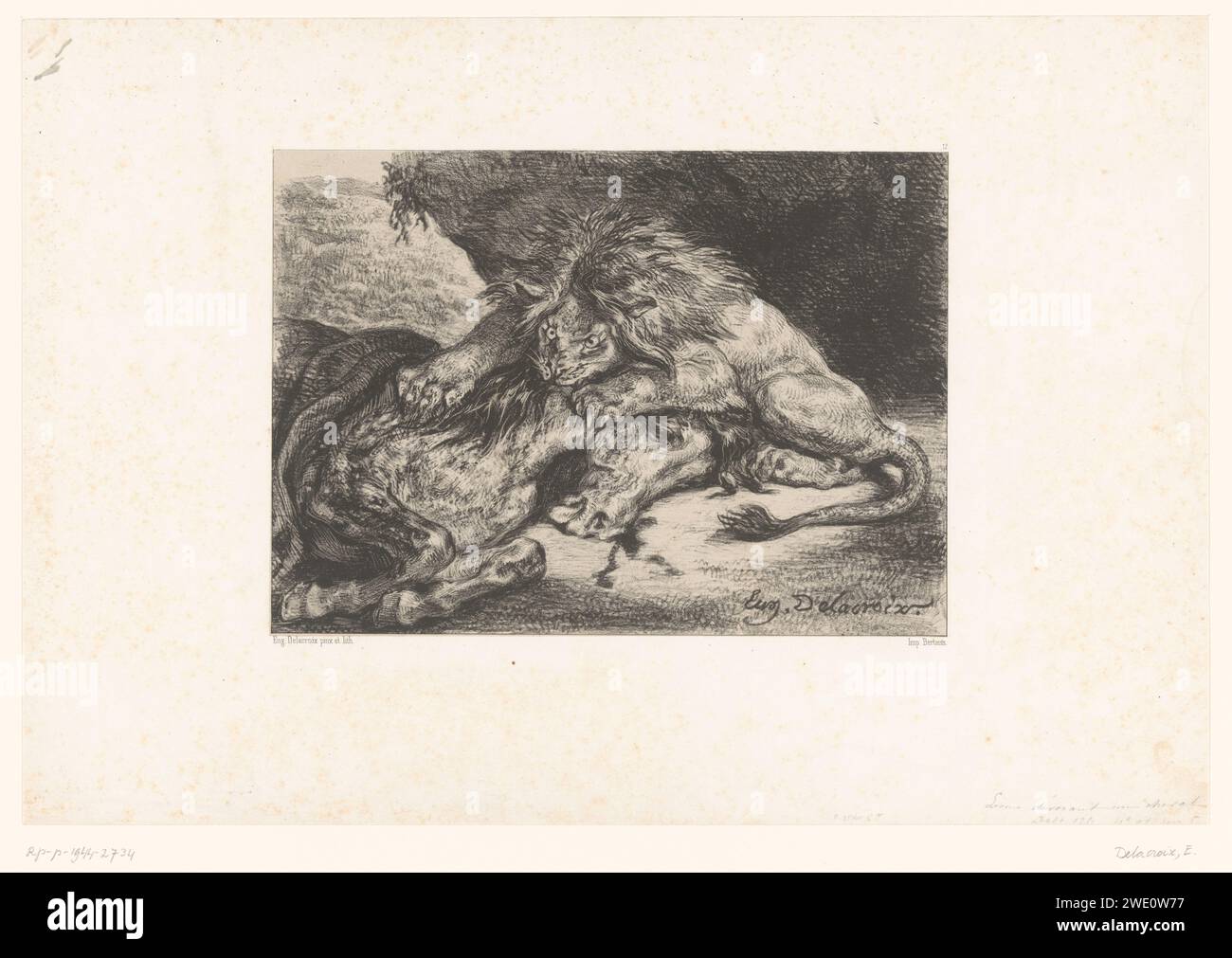 Il leone divora un cavallo, Eugène Delacroix, stampa del 1844 su carta di Parigi. bestie prede, animali predatori: leone. cavallo attaccato da un animale selvatico Foto Stock