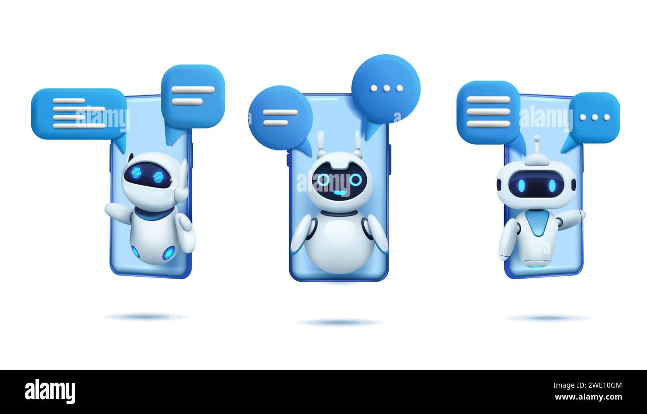 bot di chat 3d. Robot ai con bolle vocali sullo schermo dello smartphone, icona chatbot artificiale, assistenza clienti gpt, computer people render elementi isolati. Concetto di tecnologia dell'illustrazione vettoriale Illustrazione Vettoriale