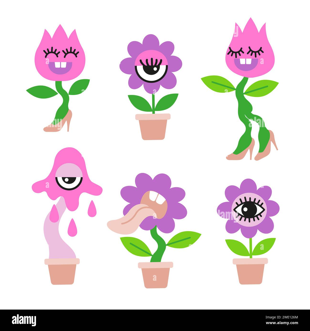 Illustrazione vettoriale disegnata a mano. Set di piante psichedeliche di casa arrabbiata in stile cartone animato piatto Illustrazione Vettoriale
