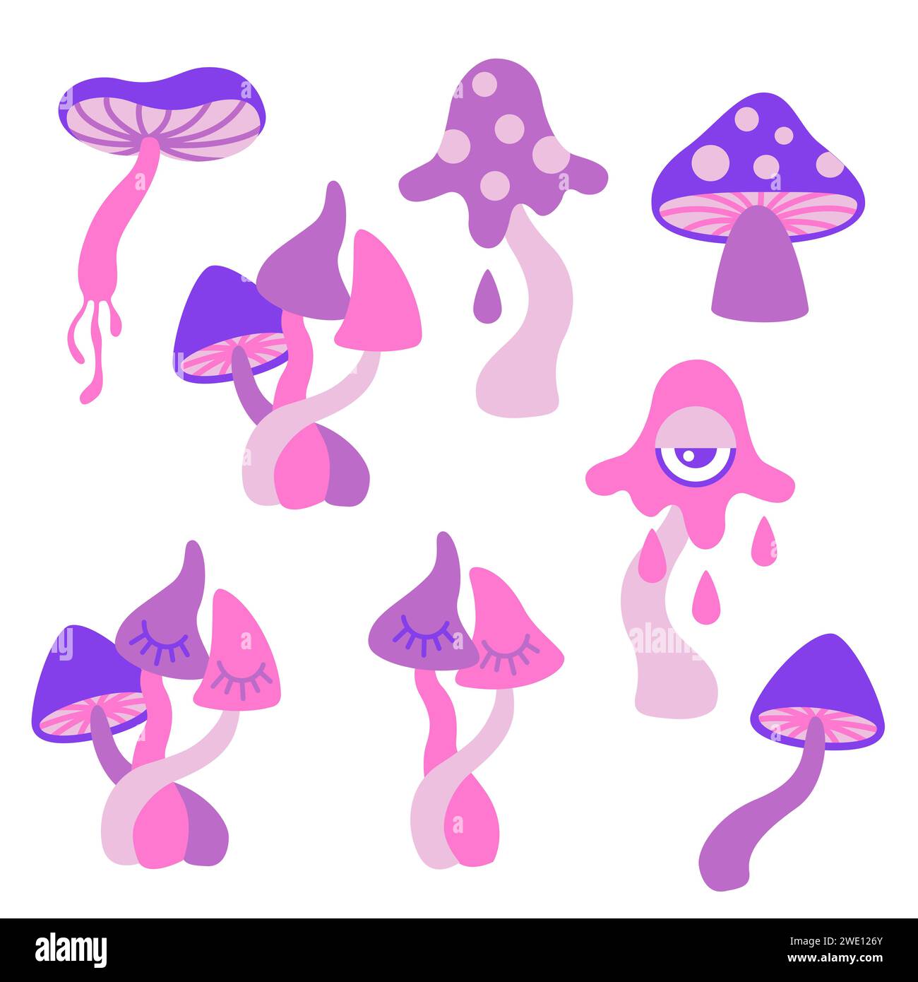Illustrazione vettoriale disegnata a mano. Set di funghi psichedelici in stile cartone animato piatto Illustrazione Vettoriale