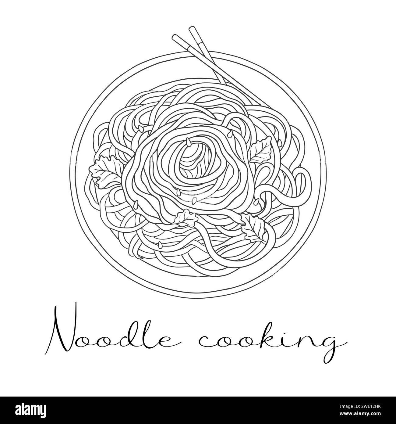 Spaghetti cinesi in un piatto con bacchette. Spaghetti cotti con foglie verdi dall'alto. Illustrazione in stile contorno adatta per un menu caffetteria. Illustrazione Vettoriale Spaghetti cinesi in un piatto con bacchette. Spaghetti cotti con foglie verdi dall'alto. Illustrazione in stile contorno adatta per un menu caffetteria. Illustrazione Vettoriale