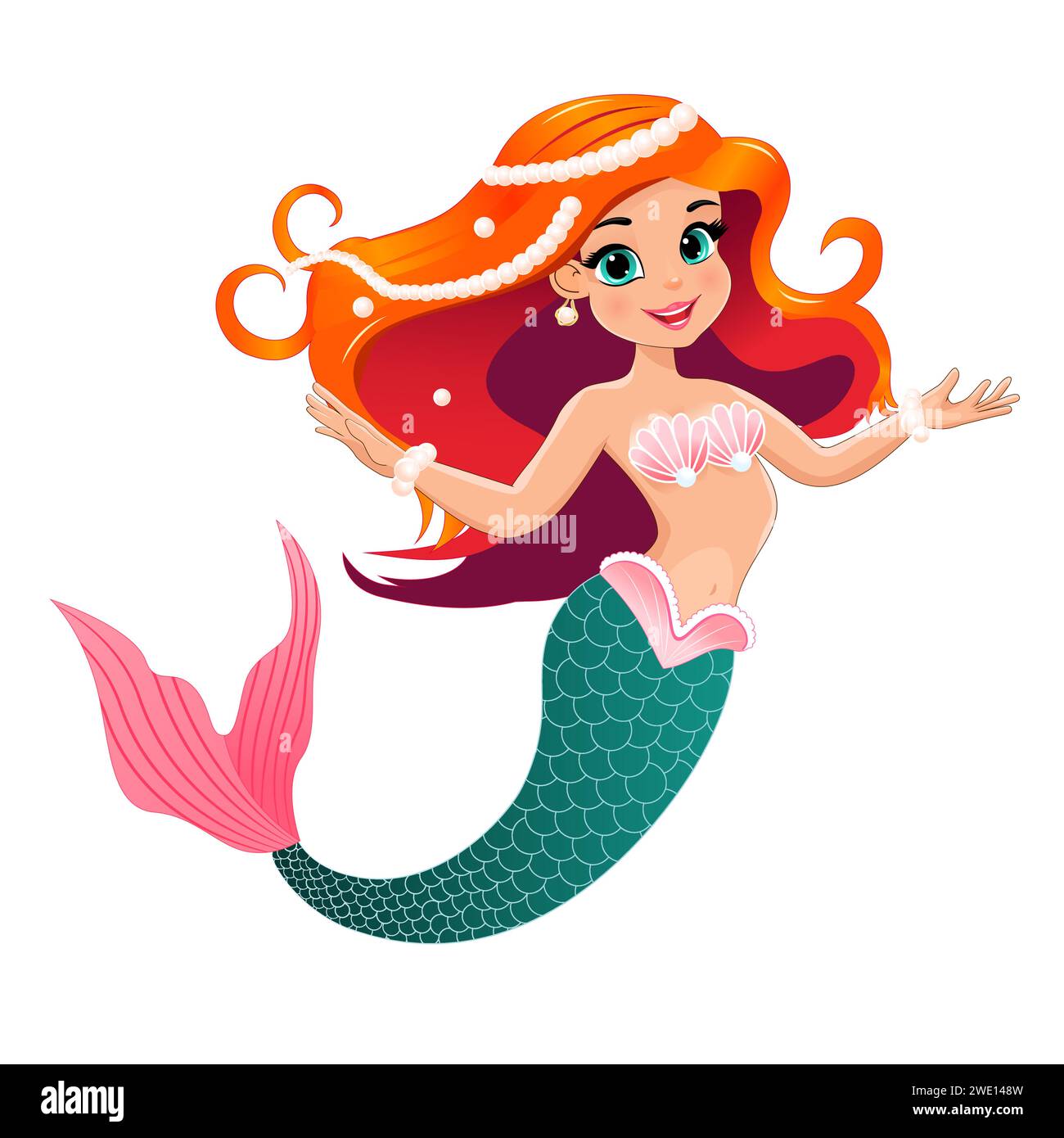 Cartoni animati, bellissima sirena con capelli rossi decorati con perle. Sirena su sfondo bianco. Illustrazione Vettoriale