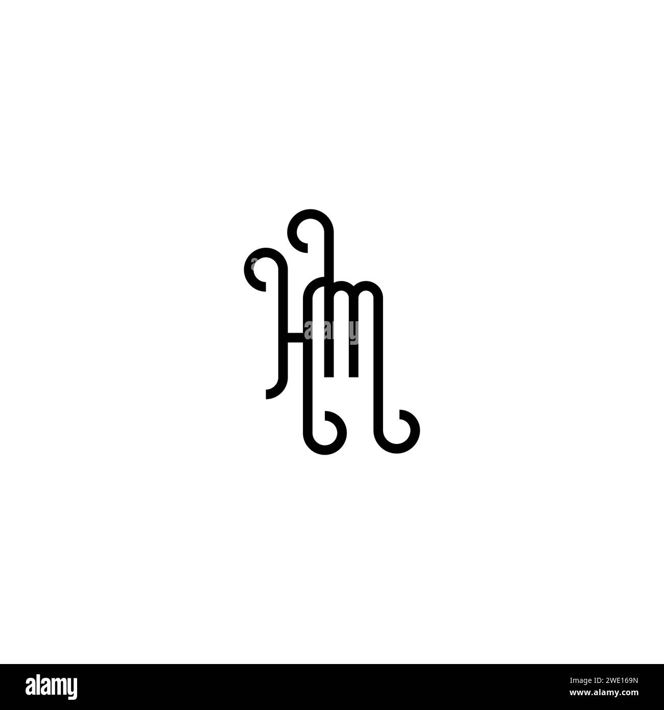 Design del logo iniziale HM con design semplice e curvo sfondo bianco e nero Illustrazione Vettoriale
