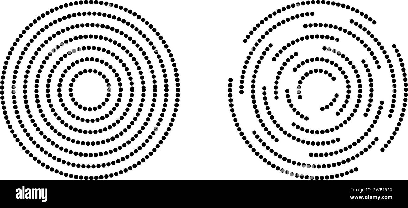 Icone di ondulazione circolare. Cerchi concentrici con linee tratteggiate interi e interrotte. Vortice, vortice, onda sonar, onda sonar, sunburst, segnali Illustrazione Vettoriale