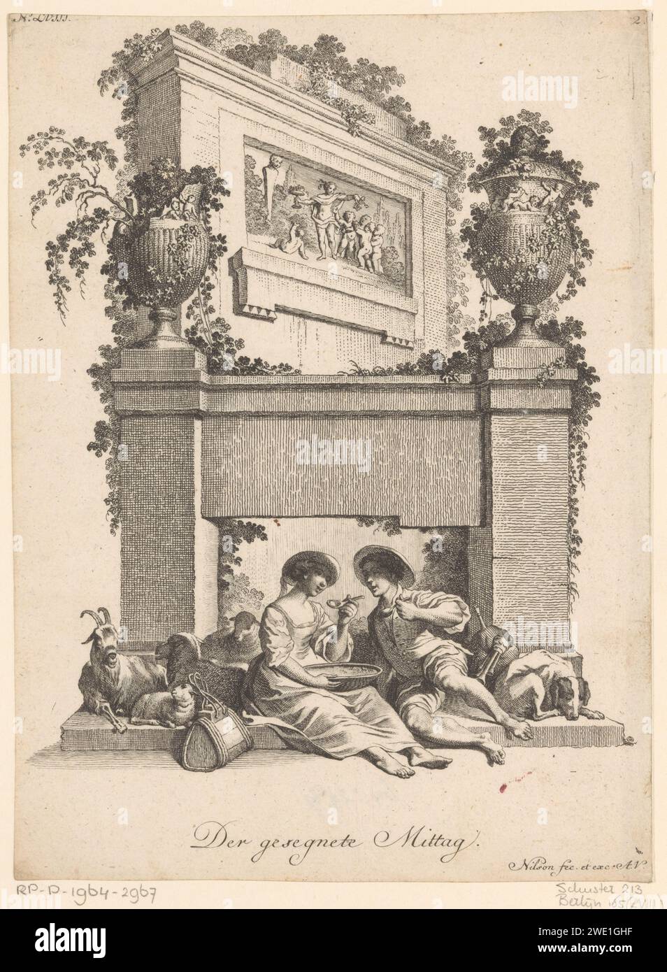 Cena, Johann Esaias Nilson, 1731 - 1788 stampa un pastore e il loro gregge riposano e pranza. Si siedono davanti a un muro con vasi con fiori e putti e un fregio con una rappresentazione di Bacco. Numero di pubblicazione LVIII. Carta di Augusta incide pastorali, scene arcadiane. pomeriggio. pasto a mezzogiorno, pranzo Foto Stock