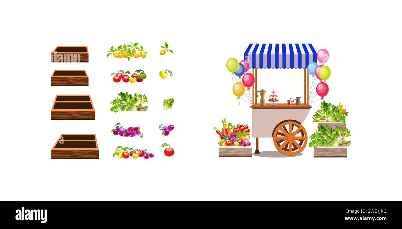 Vassoio per lo scambio su ruote con verdure. Scatole per frutta ed erbe. Giusto. Vacanze, palloncini. Illustrazione vettoriale del cartone animato. Illustrazione Vettoriale