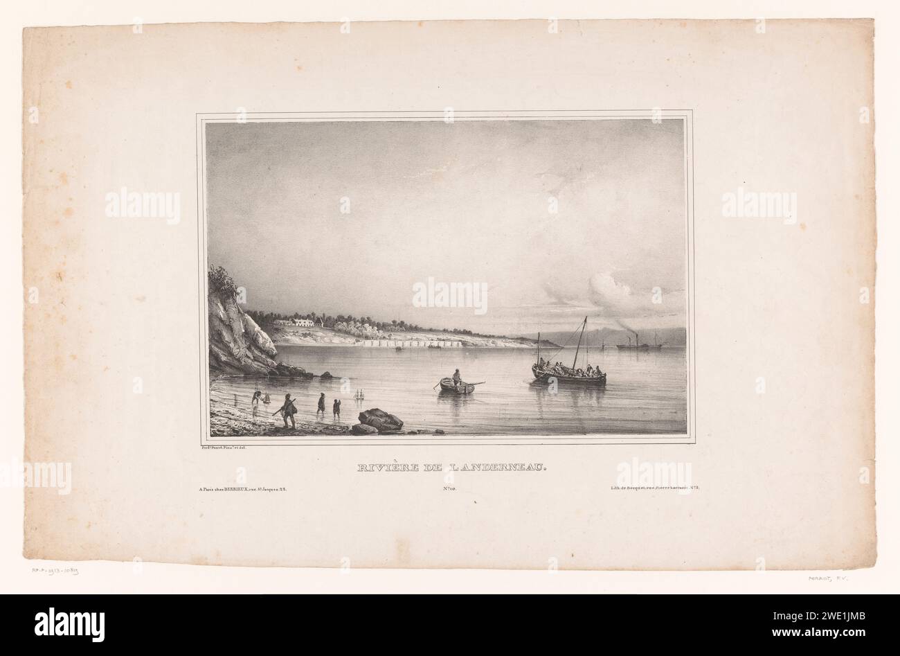 Vista del fiume vicino a Landerneau, Ferdinand Victor Perrot, in o prima del 1832 - 1843 stampa del fiume di carta di Parigi. Navi (in generale) Landerneau Foto Stock