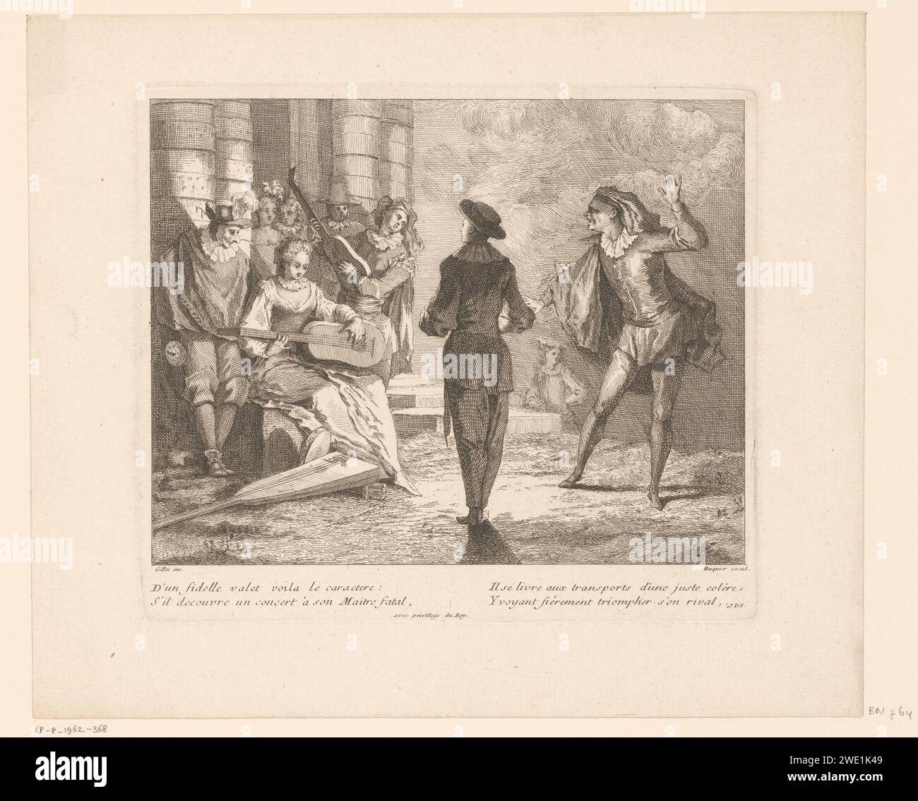 Serenade to Isabella di Pierrot e Scaramouche, Gabriel Huquier, 1729 - 1732 stampa France paper etching 'art commedy'. Tipi in "Commedia dell'Arte": Pierrot Foto Stock