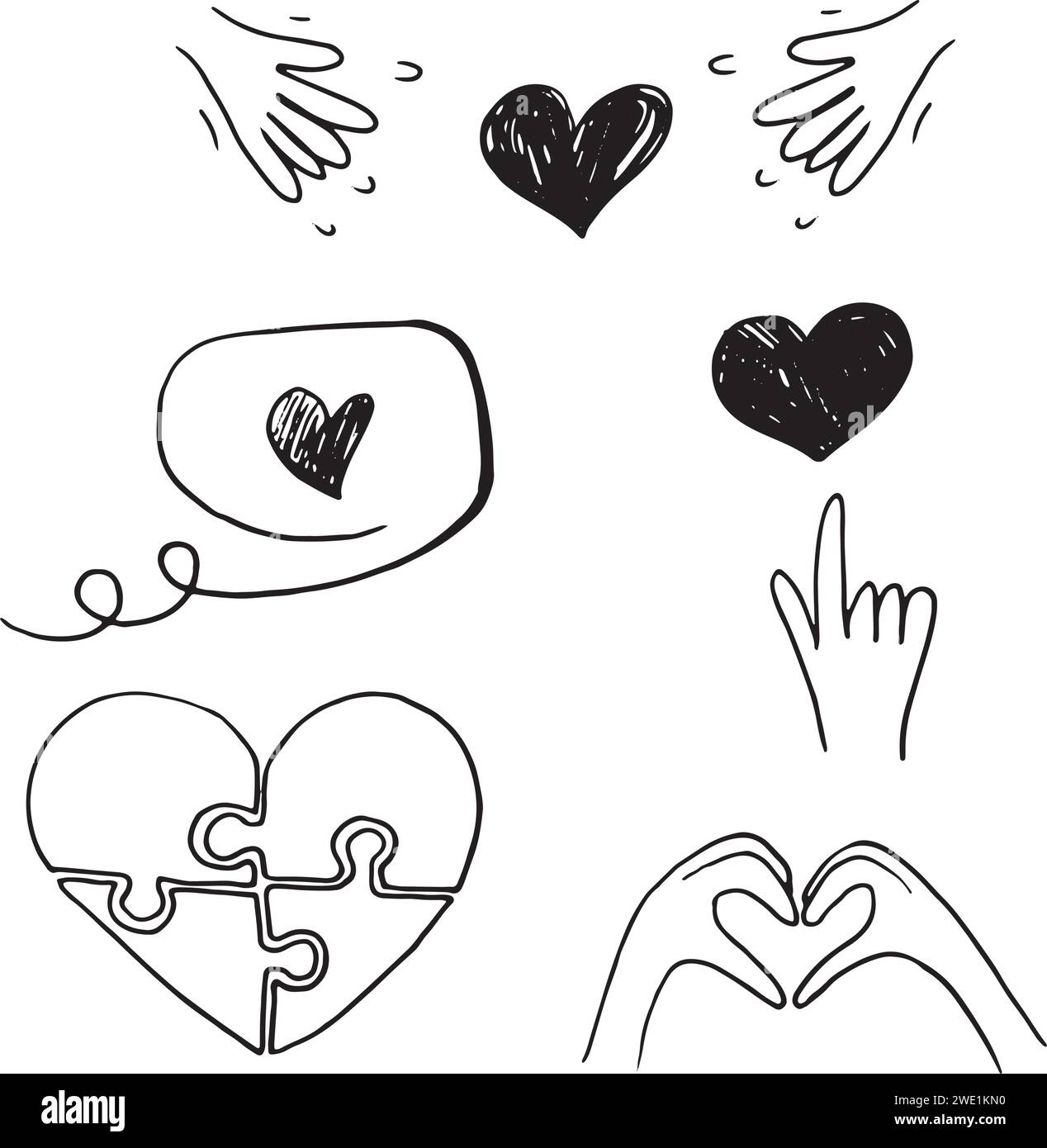 Set di elementi, clipart, adesivi per San Valentino. Le mani e i cuori sono arte della linea. Vettori disegnati a mano. Messaggio, puntare il dito. Illustrazione disegnata a mano Illustrazione Vettoriale