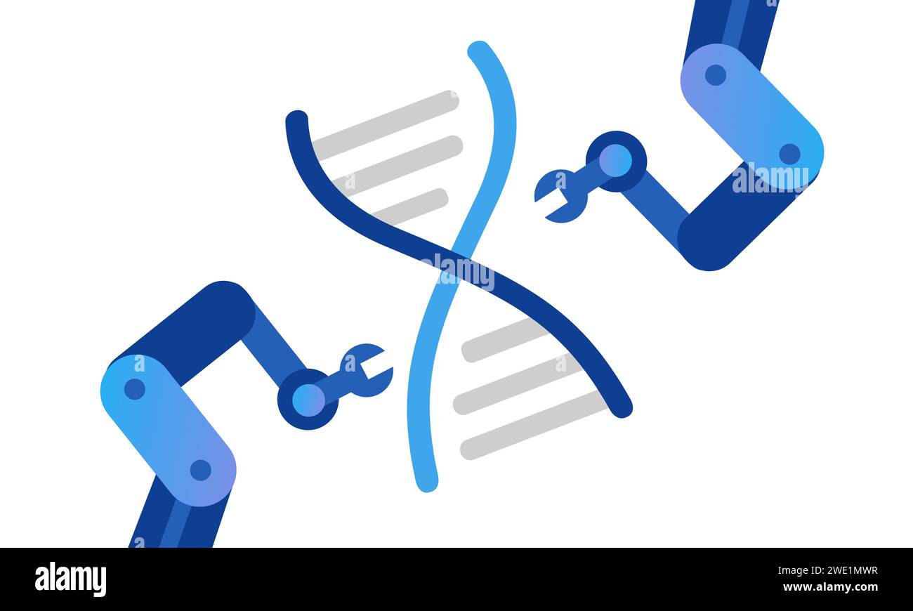 Modifica genica della tecnologia di precisione del braccio robotico CRISPR del genoma del DNA Illustrazione Vettoriale