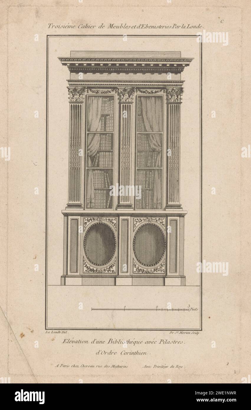 Libreria, De Saint -Morien, dopo Richard de Lalonde, 1784 - 1785 stampa Una libreria piena con porte, due medaglioni ovali, tre pilastri corinzi, tende e cornicione. Libreria di incisioni/incisioni in carta Parigi, con porte Foto Stock