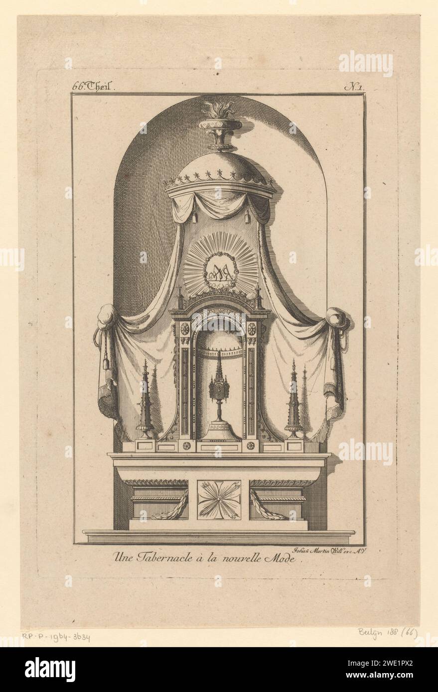 Tabernacolo con baldacchino, anonimo, dopo Francesco Boucher, 1737 - 1806 stampa Un tabernacolo con opera vascolare liturgica sotto un baldacchino con vaso. Tabernacolo incisione / incisione su carta di Augusta  altare. vasi e utensili utilizzati nella chiesa. baldacchino, baldacchino Foto Stock