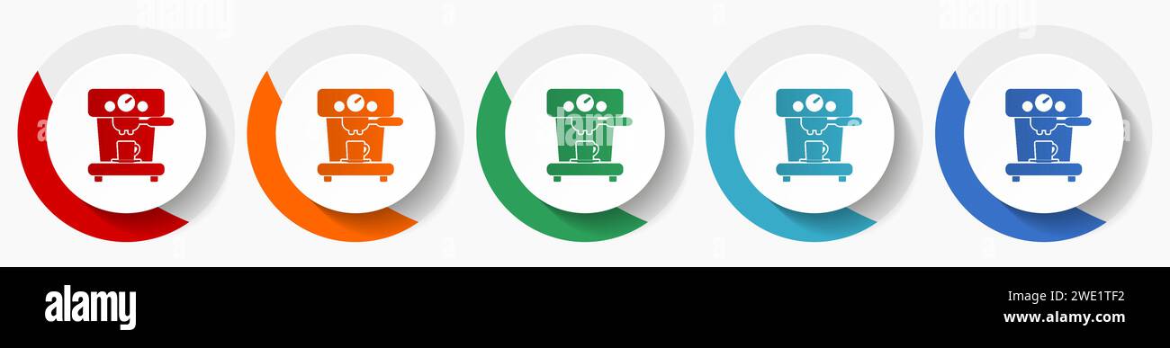 Set di icone vettoriali per macchine da caffè, icone piatte per il design del logo, Web design e applicazioni mobili, pulsanti rotondi colorati Illustrazione Vettoriale
