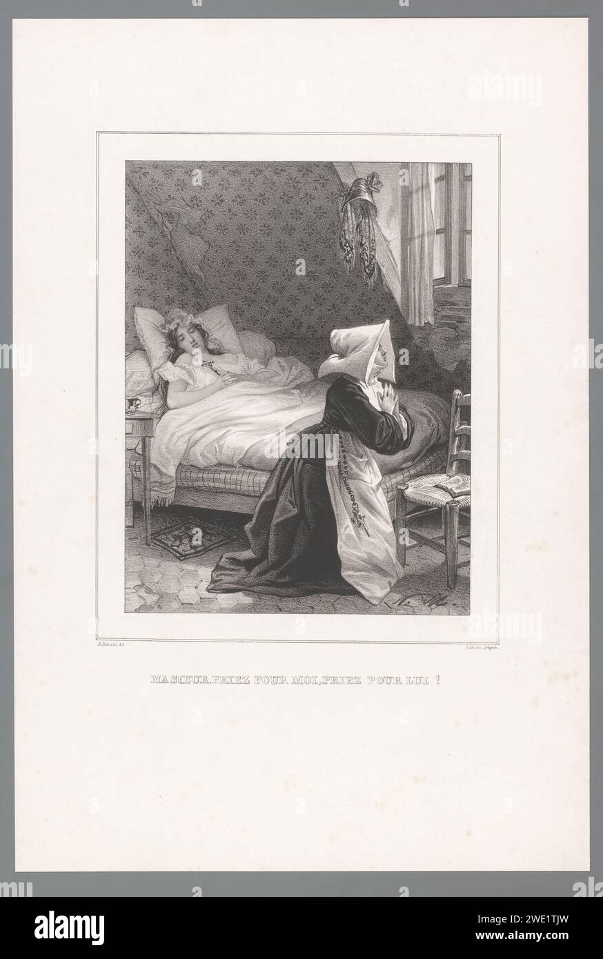 Clara è a letto, mentre la sorella Bid, Nicolas Maurin, 1825 - 1842 stampa la storia è basata sul libro "Les Liaisons Dangereuses" di Pierre Choderlos de Laclos. Carta di Parigi opere specifiche di letteratura. suore. paziente, malato. una persona che prega Foto Stock