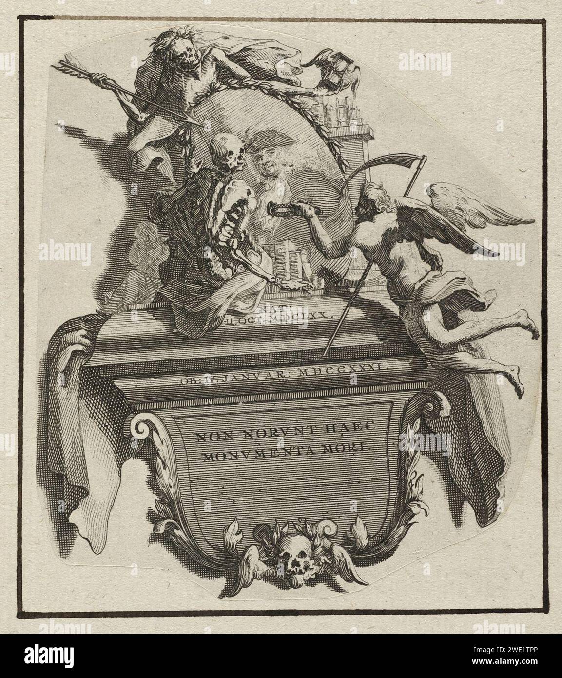 Allegorisch gedenkteken voor Jan Goeree ha incontrato zijn portret in een ovaal gedragen door de Dood in de gedaantes van twee skeletten. Voor het portret de gevleugelde personificatie van De Tijd met, Foto Stock