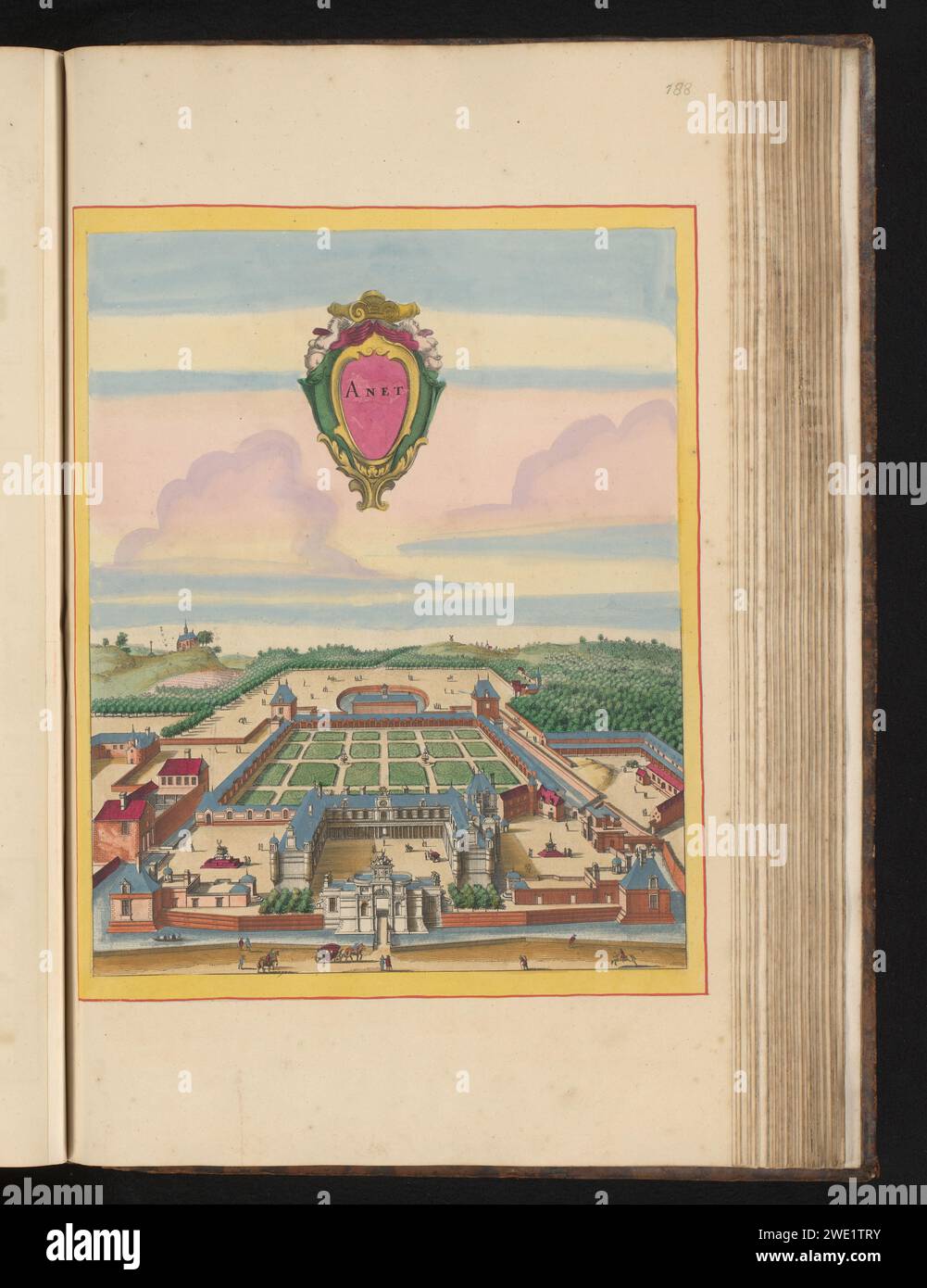 Veduta di Château d'Anet in Vogdluchtspectief, stampa 1655 veduta di Château d'Anet in una prospettiva breve. Al centro dell'aria un cartiglio ornamentale. La stampa fa parte di un album. Tipografia: Frankfurt am Mainafter design by: ParisThe Hague incisione su carta / incisione castello. Vista dall'alto  rappresentazione dell'edificio del castello di Anet Foto Stock