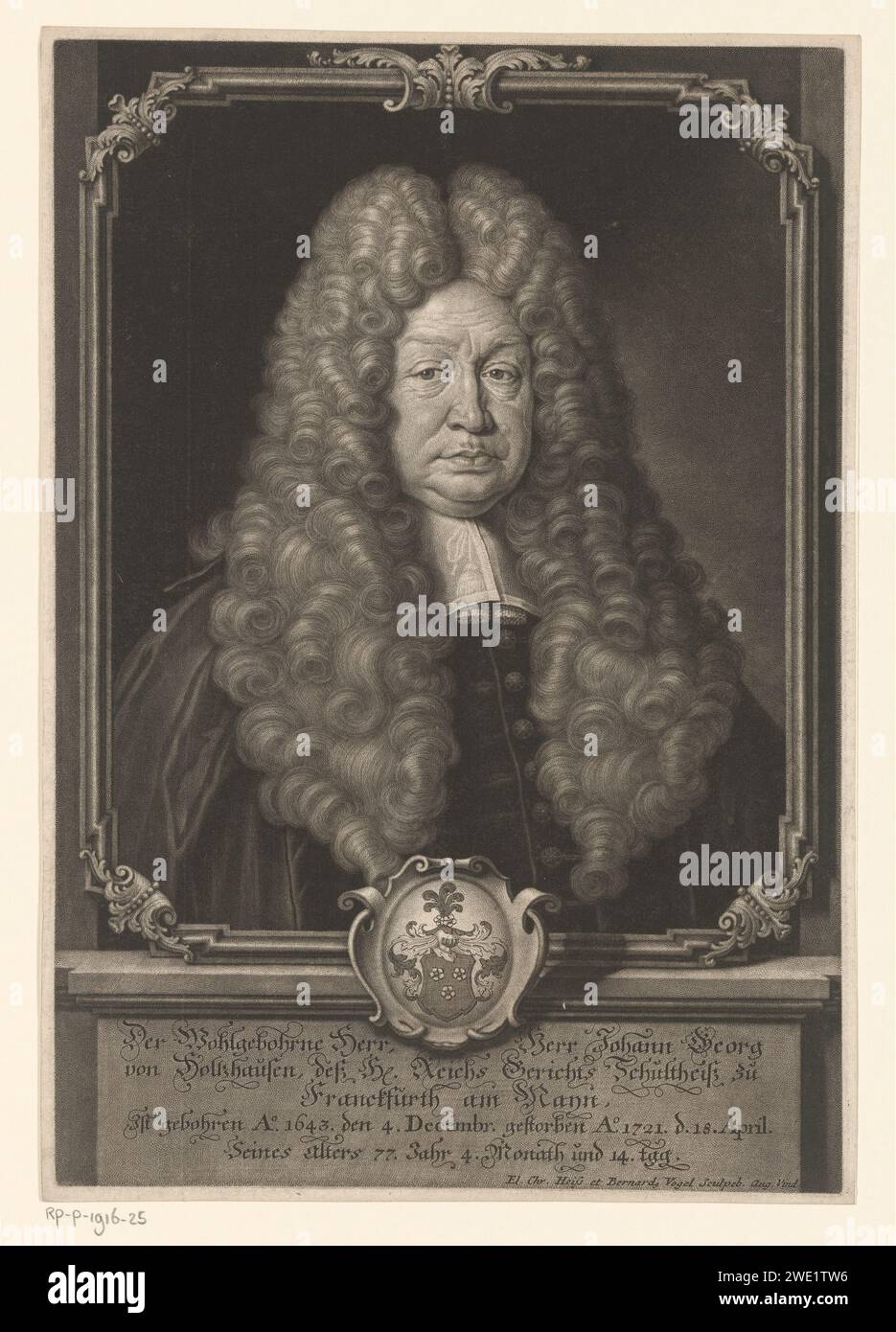 Ritratto van Johann Georg von Holtzhausen, Elias Christopf Heiss, 1721 - 1731 stampa di carta di Augusta che incide personaggi storici. cuscinetto araldico. sindaco, burgomaster Foto Stock