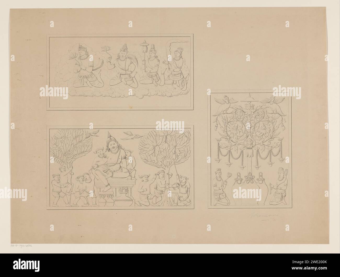 Divinità e figure orientali, Andries Wiemans CZ. (Possibile), 1841 - 1858 stampa tre scene con figure orientali. Lasciati sopra quattro dei con attributi seduti sulle nuvole. Lasciato sotto un dio su un piedistallo circondato da uomini. Gli uomini destro e sinistro si arrampicano sugli alberi. Sotto due figure inginocchiate accanto a un ornamento con vasi dove ci sono due creature alate in cima. I Paesi Bassi carta le razze e i popoli asiatici Foto Stock