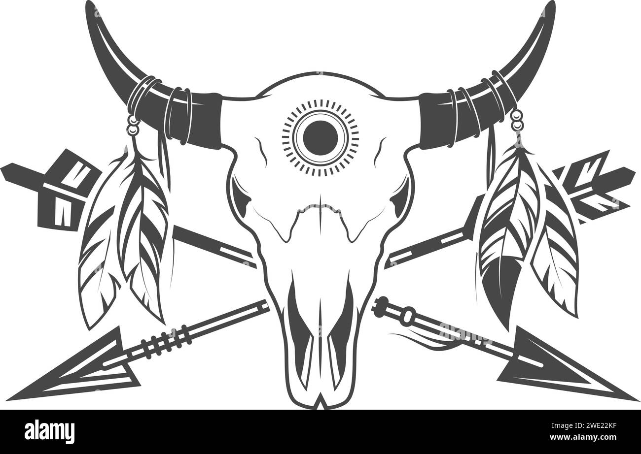 Animale, teschio di bisonte con frecce e piume, illustrazione tribale Illustrazione Vettoriale