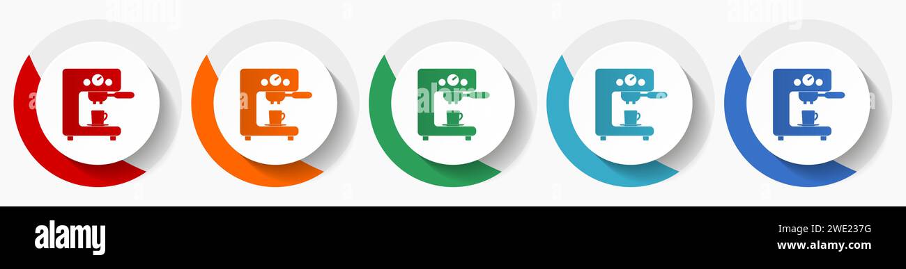 Set di icone vettoriali per macchine da caffè, icone piatte per il design del logo, Web design e applicazioni mobili, pulsanti rotondi colorati Illustrazione Vettoriale