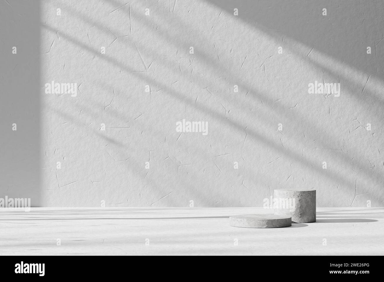 Uno sfondo ricco di ombreggiature che è possibile utilizzare nei progetti. Pareti strutturate e podio con luce del sole che splende. Foto Stock