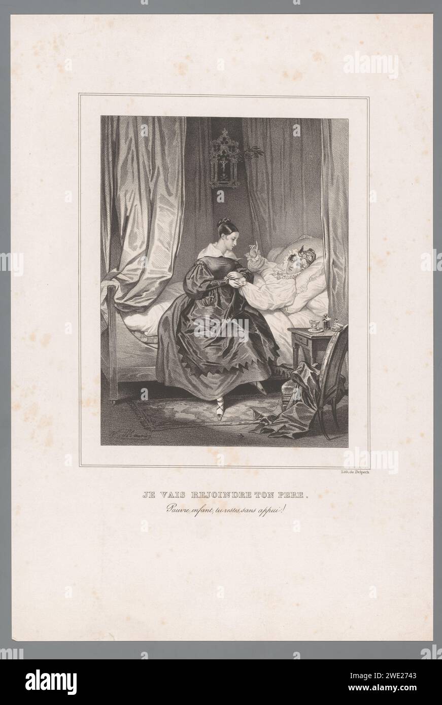Clara al letto di morte di sua madre, Nicolas Maurin, 1825 - 1842 stampa la storia è basata sul libro "Les Liaisons Dangereuses" di Pierre Choderlos de Laclos. Carta di Parigi opere specifiche di letteratura. morte naturale. Intrigo Foto Stock