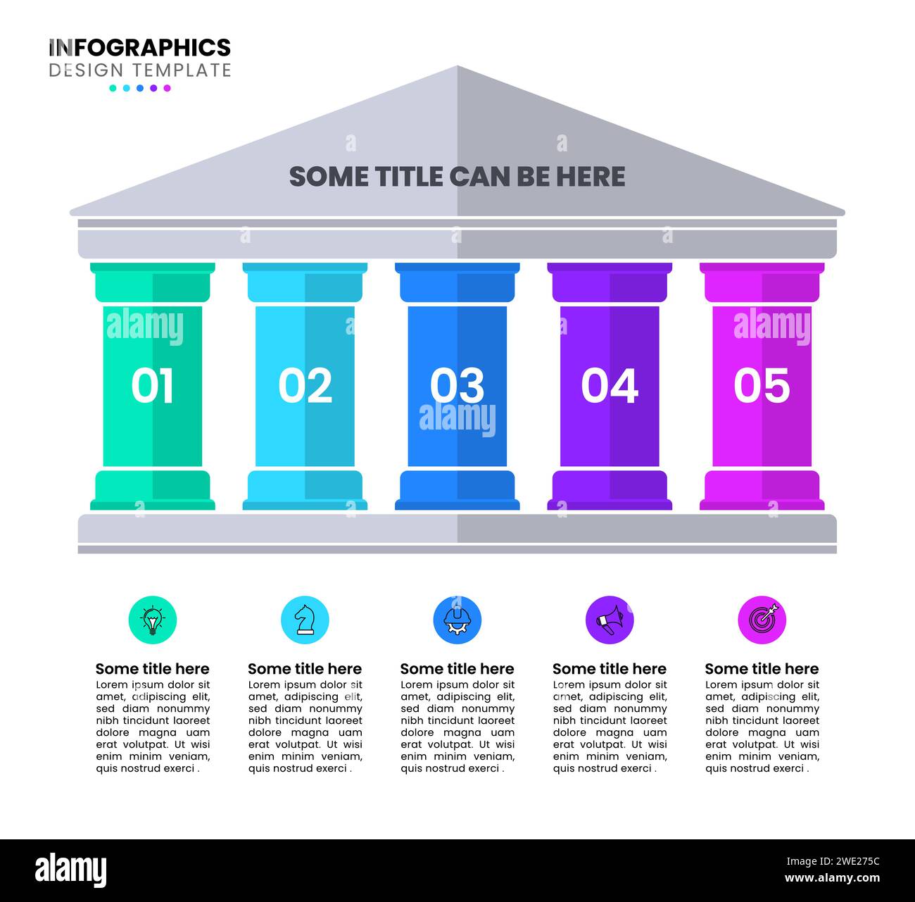 Modello infografico con icone e 5 opzioni o passaggi. pilastri di supporto. Può essere utilizzato per layout del flusso di lavoro, diagrammi, banner, webdesign. Illust vettoriale Illustrazione Vettoriale