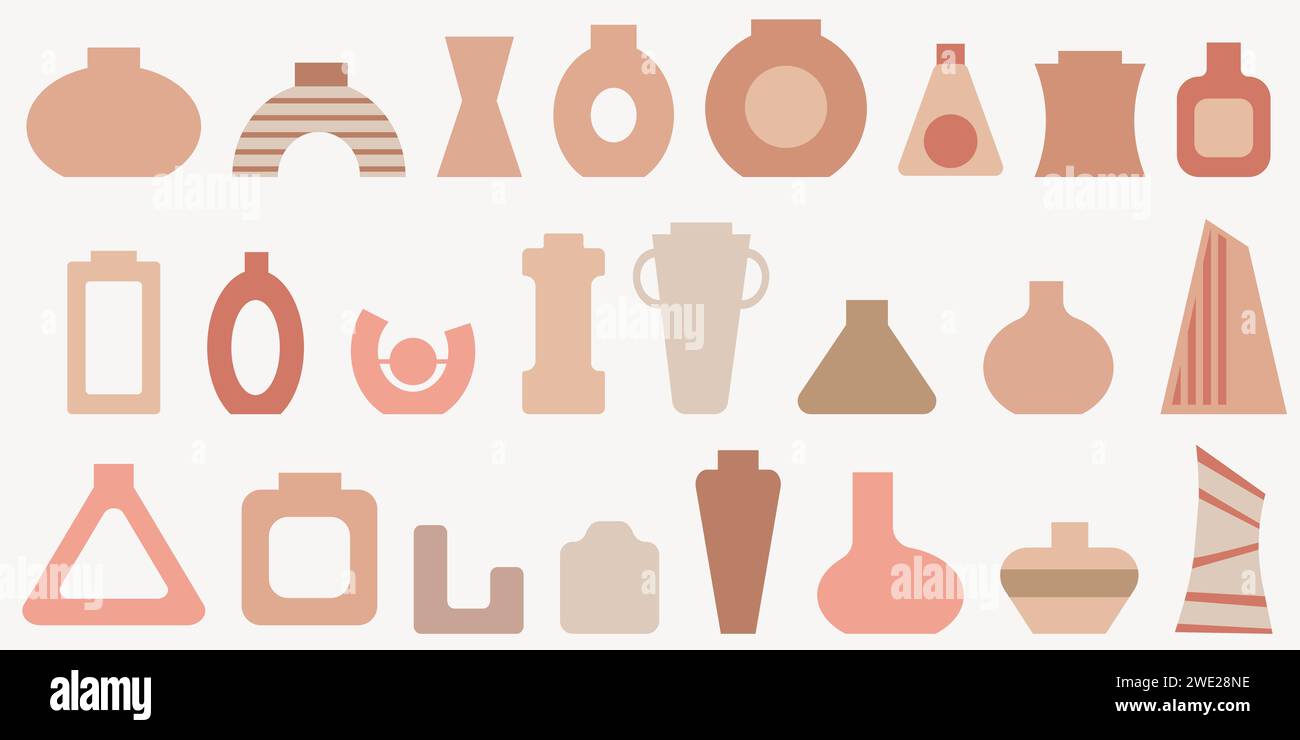Vasi in argilla in stile boho. Vasi moderni in ceramica di diverse forme per interni. Caraffe astratte per l'arredamento, illustrazioni vettoriali isolate Illustrazione Vettoriale
