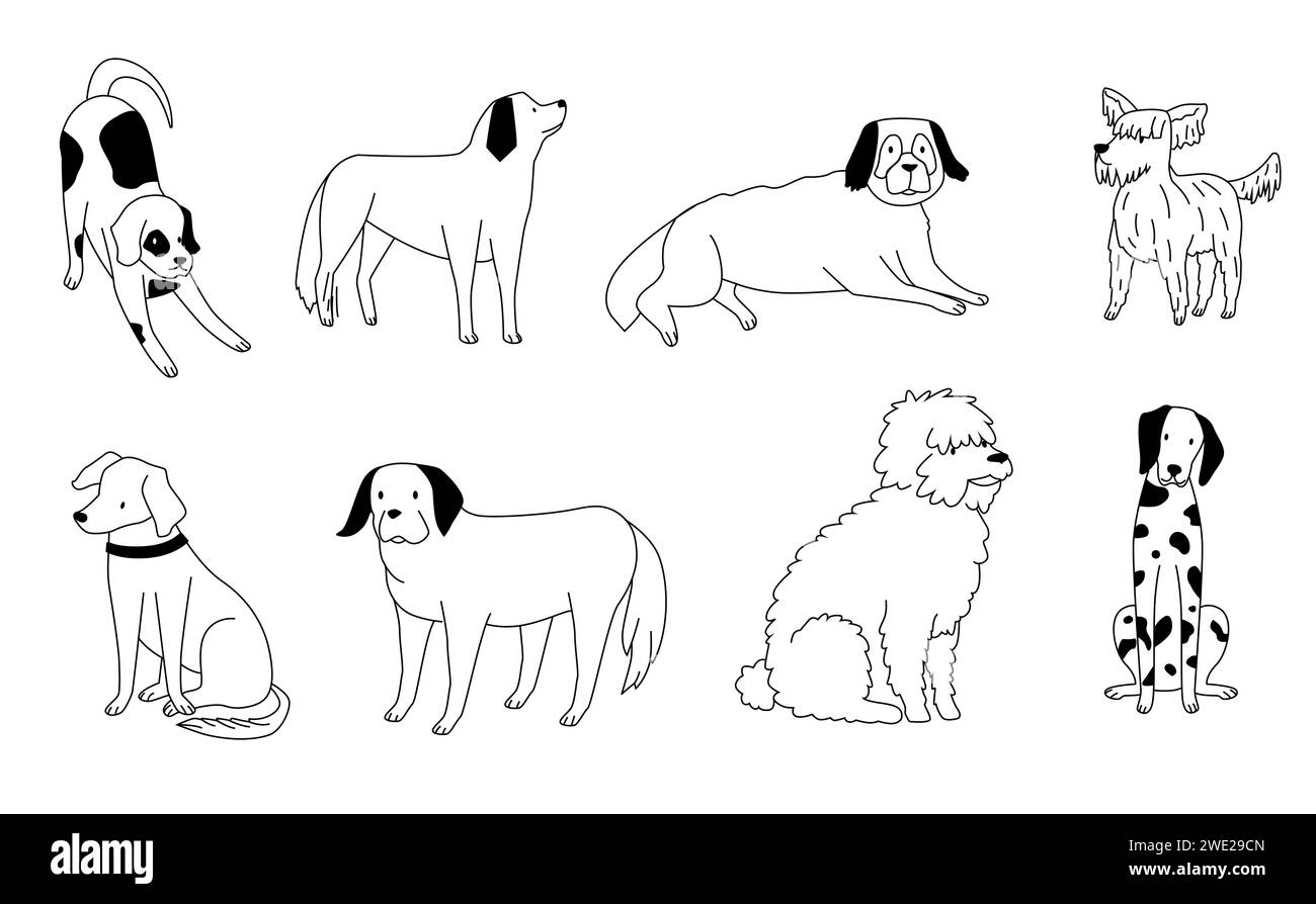 Carino cane doodle. Cuccioli neri delineati in varie posizioni. Disegnate a mano giocando, correndo e mentendo. Adorabili amici animali Illustrazione Vettoriale