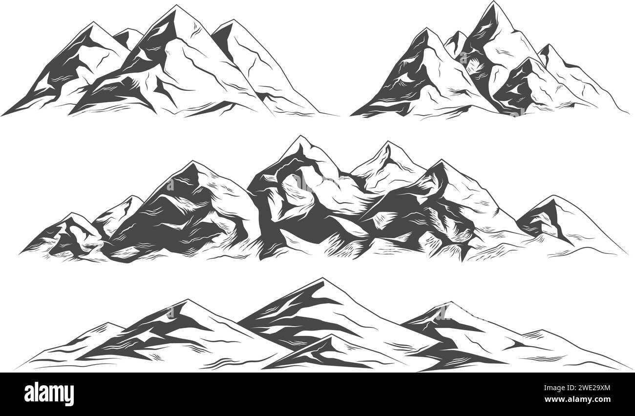Paesaggi montani, vista sulle montagne, cime rocciose, colline. Serie di illustrazioni vettoriali. Illustrazione Vettoriale