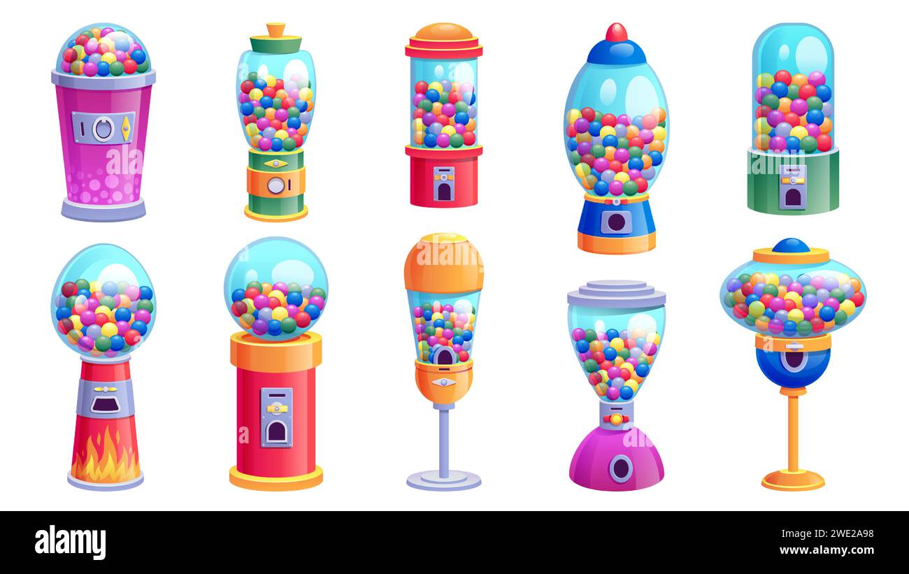 Distributore automatico di gomme. Dispenser di caramelle retrò con gomme, palline dolci colorate per il divertimento dei bambini. Distributore automatico vettoriale con Illustrazione Vettoriale