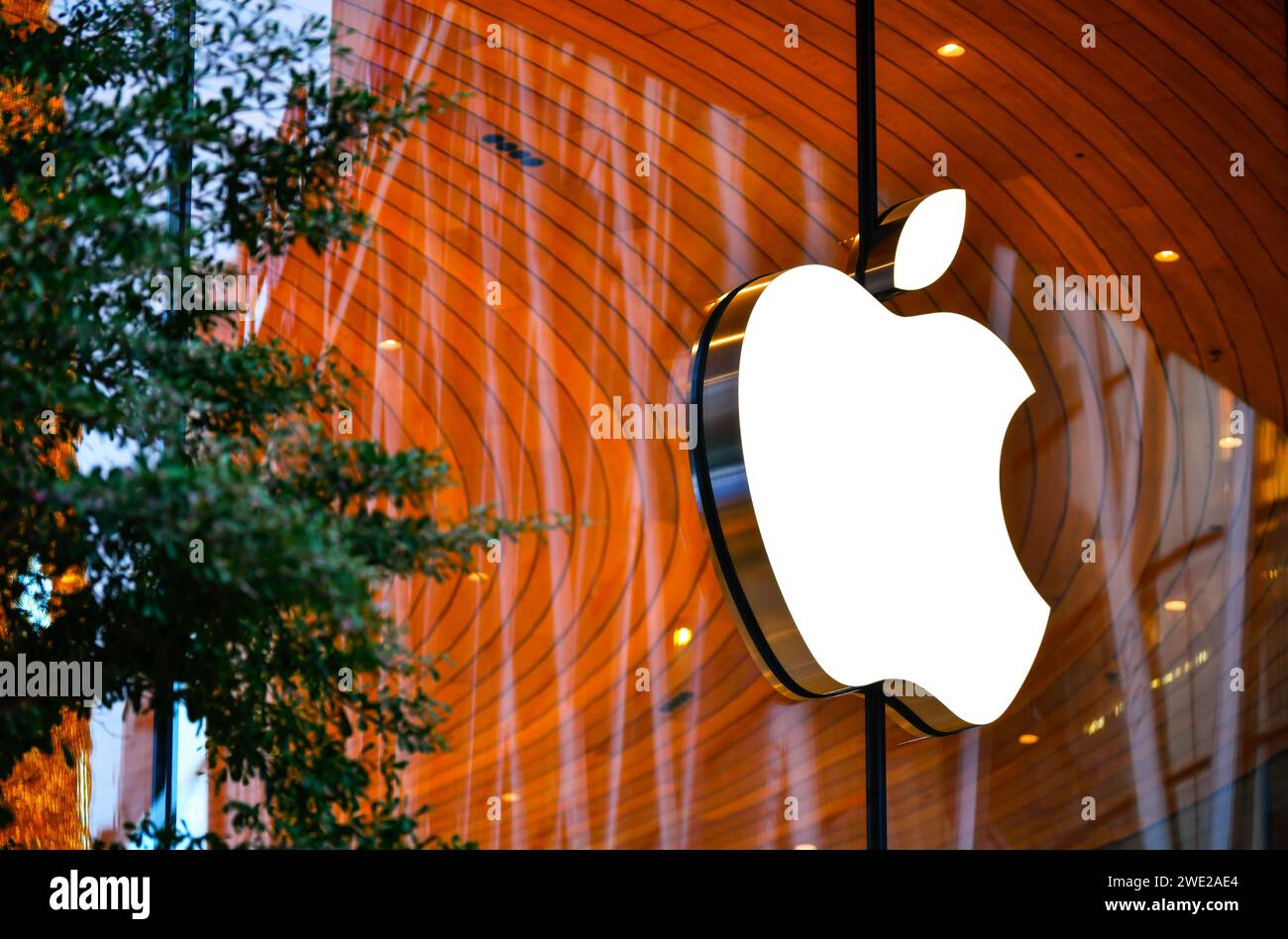 BANGKOK, THAILANDIA - 12 novembre 2022: Icona del logo Apple sull'Apple Store Central World Foto Stock