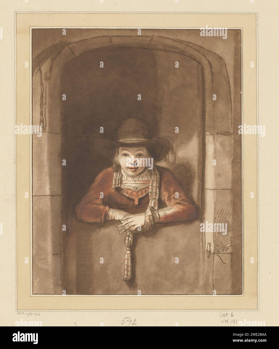 Ragazzo appoggiato su una porta inferiore, Cornelis Ploos van Amstel, dopo Samuel van Hoogstraten, dopo Rembrandt van Rijn, 1764 stampa Un ragazzo, con un cappello sulla testa, si appoggia su una porta inferiore. La stampa è allentata in un album, vedere pagina 6. Sportello diviso per l'incisione della carta Amsterdam, parte superiore aperta. ragazzo (bambino tra il bambino e la giovinezza) Foto Stock