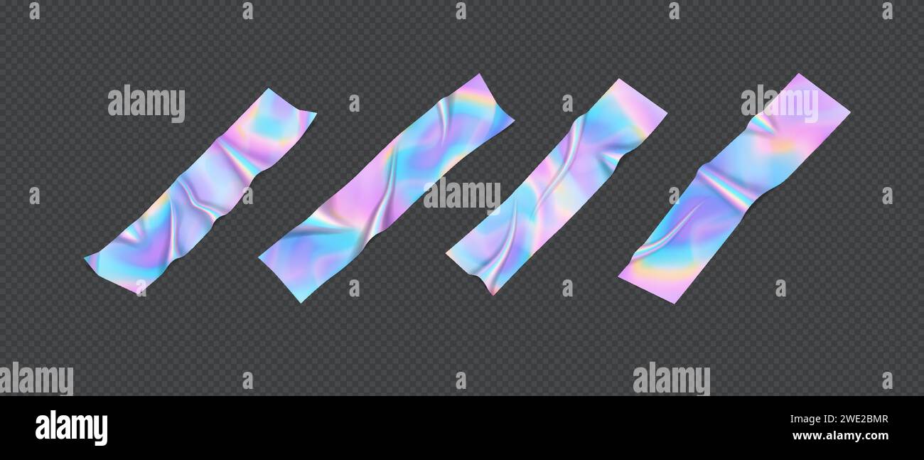 Strisce olografiche in lamina set di illustrazioni vettoriali realistiche. Collezione di nastri per condotti metallici svasati. Elementi 3d metallici su sfondo trasparente Illustrazione Vettoriale