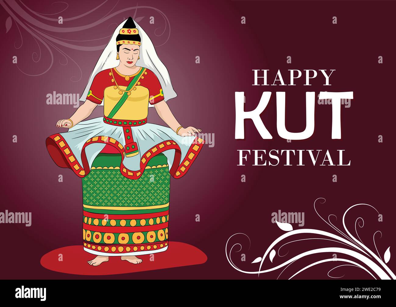 Poster di illustrazione vettoriale del festival Chapchar Kut su sfondo rosso con donna in posa da ballo Manipuri. kut festival, chapchar kut festival, f Illustrazione Vettoriale