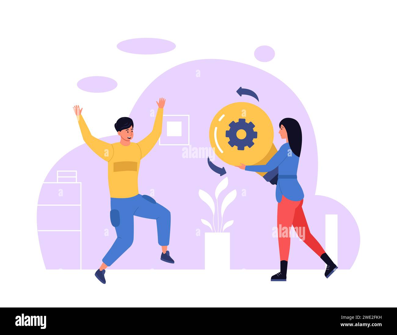 Persone con lampadine, idee di business creative, impiegati con idee creative. Lavoratrice che condivide Start-up Illustrazione Vettoriale