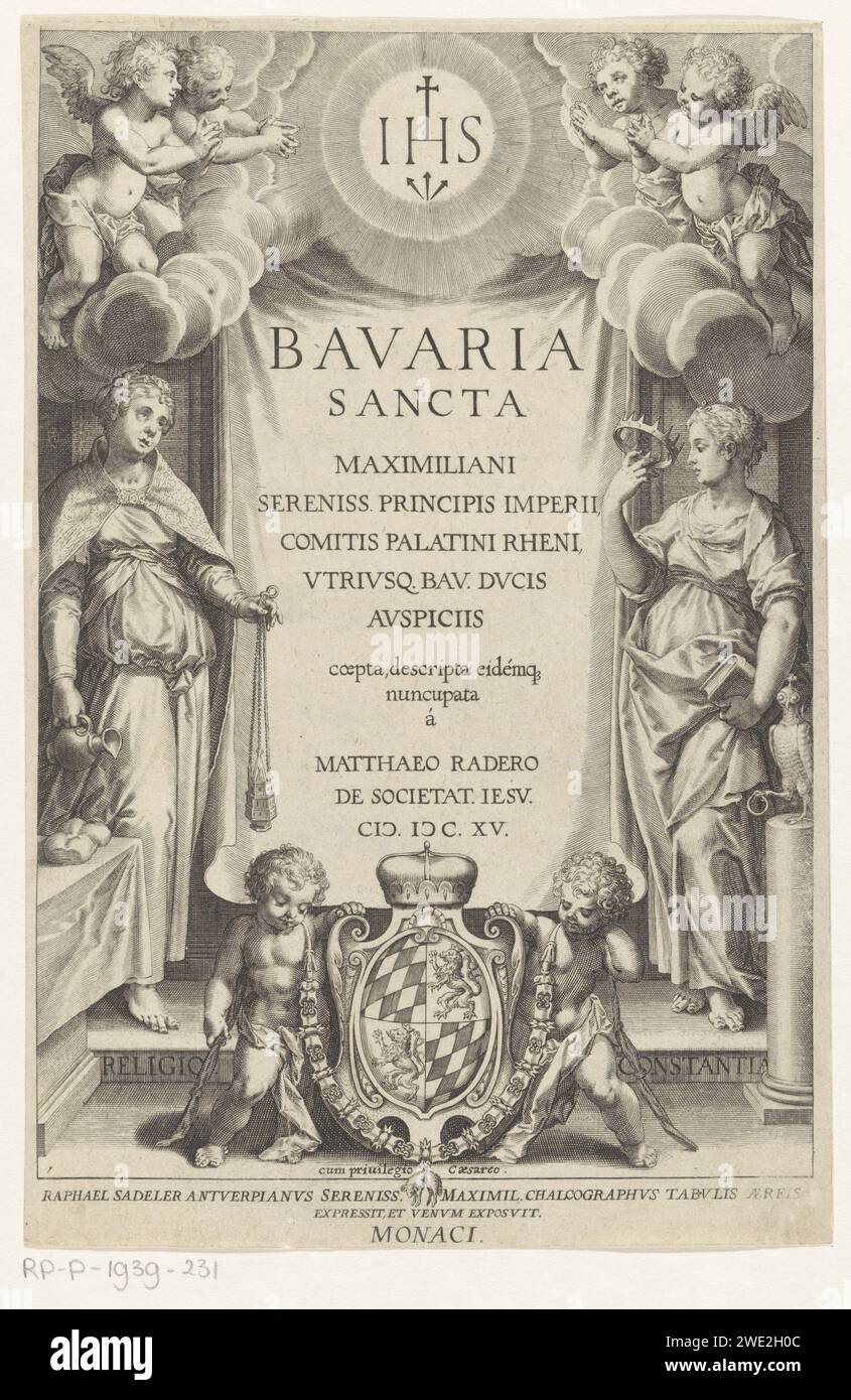 Religious a Standvastigheid, Raphaël Saddleer (i), dopo le torte di Johann Mathias, 1615 stampa al centro il titolo su una tela, fiancheggiata dalle personificazioni religione con incenso e fermezza con corona e libro. In primo piano due putti con lo stemma bavarese. Sopra il titolo il monogramma di Cristo (IHS) tra quattro putti. Incisione di carta rappresentazioni allegoriche e simboliche  la Chiesa e la religione. Costanza, tenacità; "Costanza", "Tenacità" (Ripa) Foto Stock