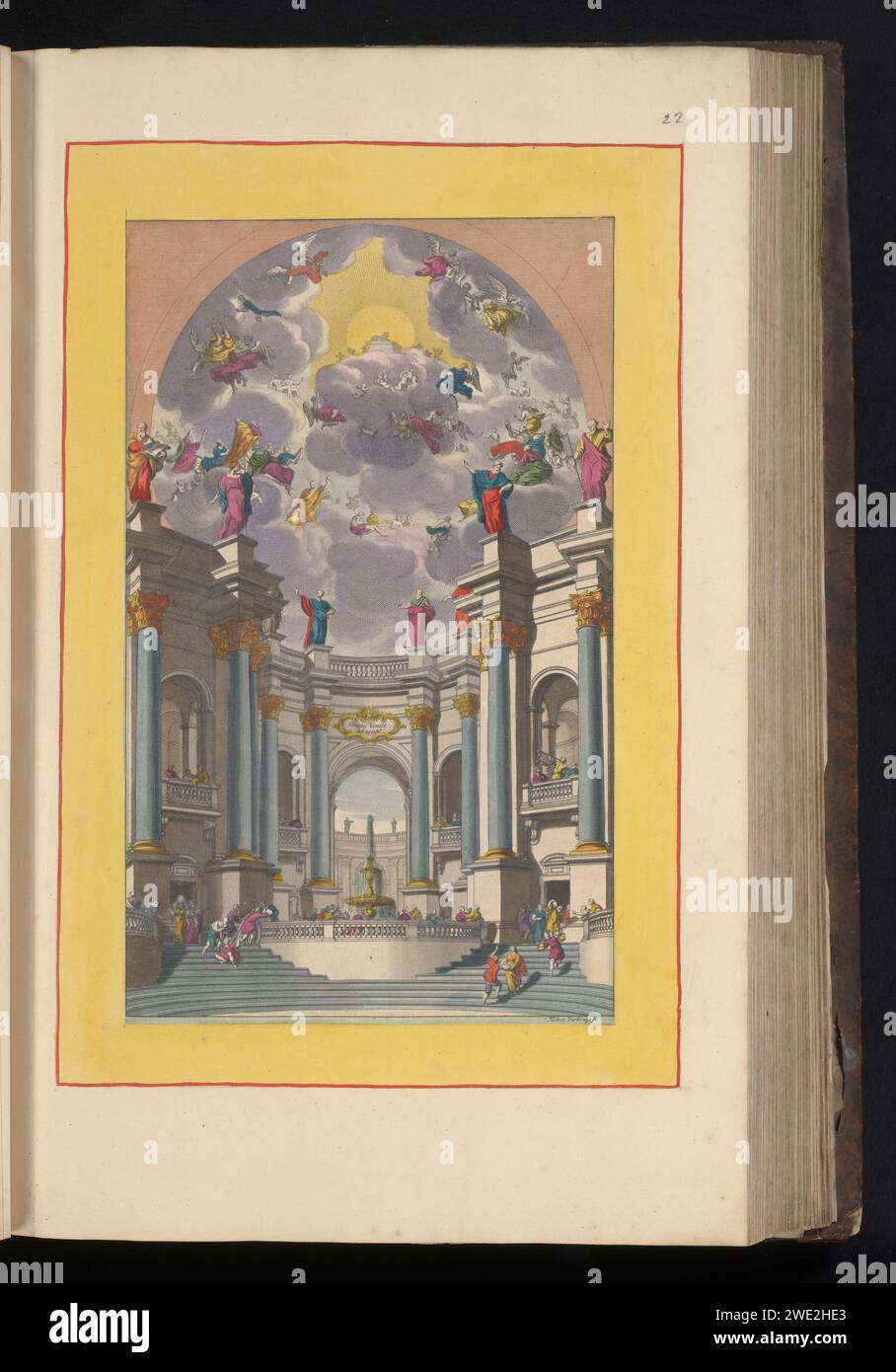 Assetati venite in acqua, Theodor Verkruys, 1693 - 1717 stampa Vista di un'architettura fantasy con una fontana. La gente si riunisce intorno alla fontana. Engelen galleggia nell'aria sopra. La stampa fa parte di un album. Tipografia: ItalyThe Hague, fontana ornamentale con incisione in carta. architettura fantastica, fantasie architettoniche irrealistiche. angeli Foto Stock