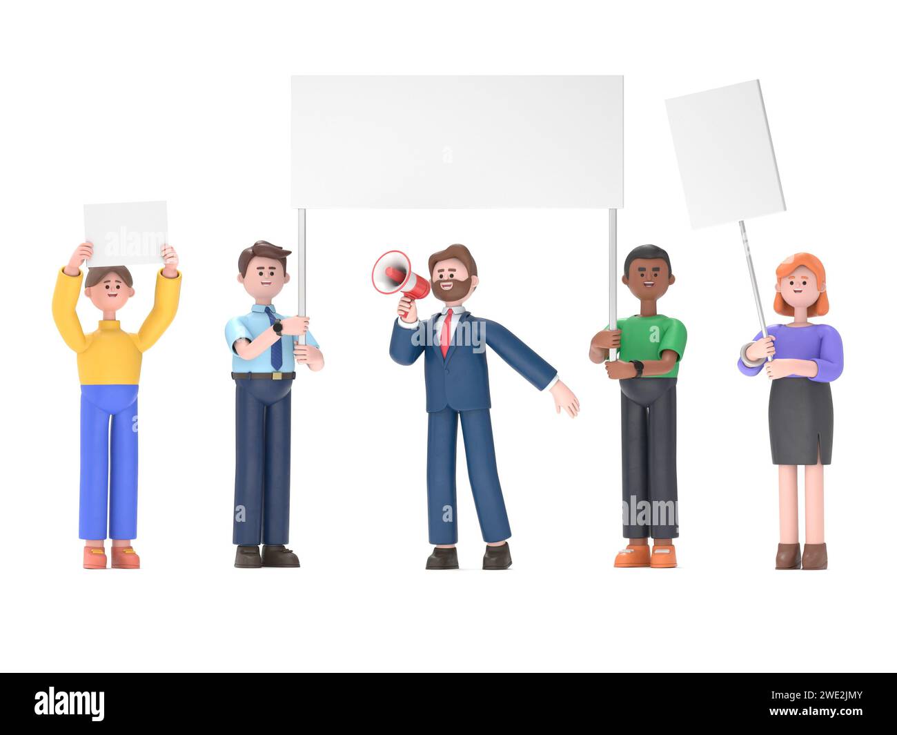 Protestare contro la gente. Personaggio con cartelli contro il concetto di guerra, protesta, sommosse, cartelloni e cartelloni in sciopero, dimostrazione.rendering 3D su sfondo bianco Foto Stock