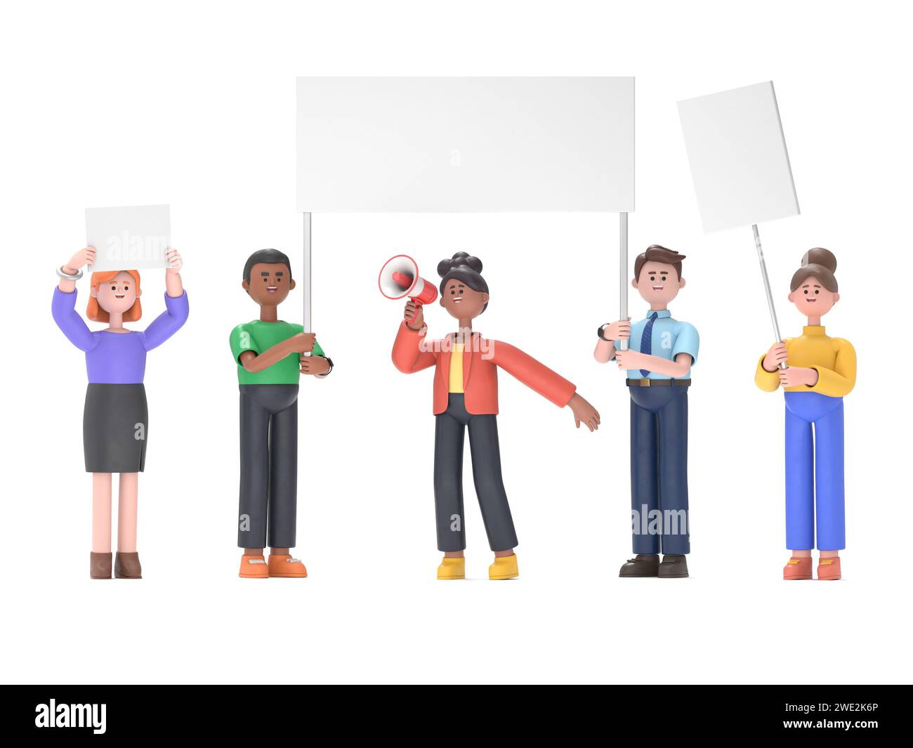 Protestare contro la gente. Personaggio con cartelli contro il concetto di guerra, protesta, sommosse, cartelloni e cartelloni in sciopero, dimostrazione.rendering 3D su sfondo bianco Foto Stock